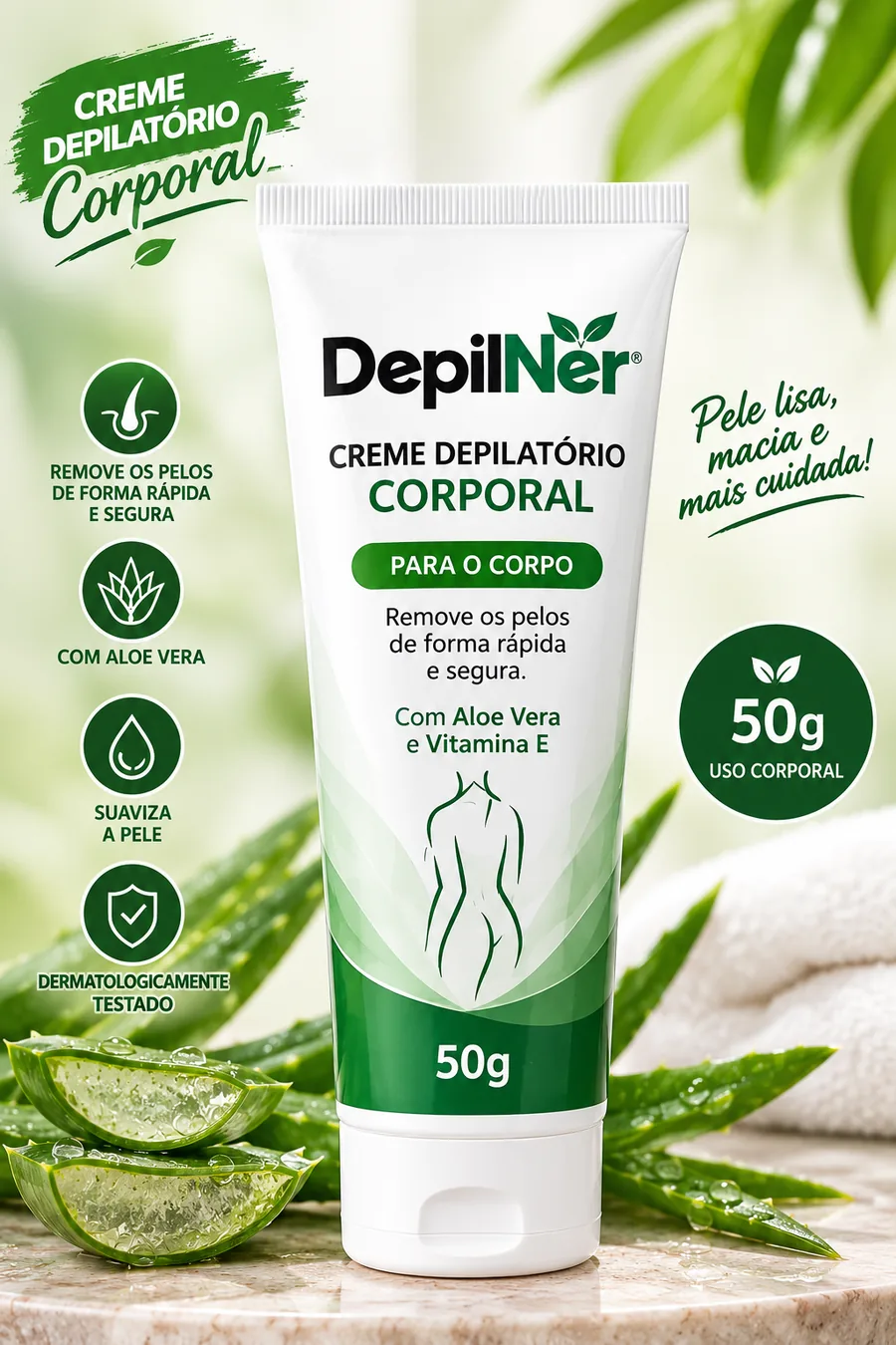 Tubo do creme depilatório corporal DepilNer 50g sobre folhas de aloe vera